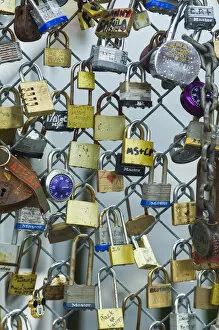 Images Dated 6th August 2014: USA, Maine, Portland, Portland waterfront, love locks on fence