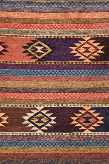 USA, New Mexico, Madrid. Detail in colorful woven rug USA, New Mexico, Madrid. Detail in colorful woven rug
