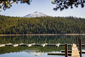 USA, Oregon. Sparks Lake Recreation Area, Elk Lake, docks with Mt. Bachelor USA, Oregon. Sparks Lake Recreation Area, Elk Lake, docks with Mt. Bachelor