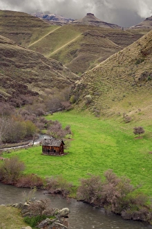USA, Oregon. View of old barn and Imnaha River in Imnaha Valley. Credit as: Don Paulson USA, Oregon. View of old barn and Imnaha River in Imnaha Valley. Credit as: Don Paulson