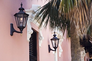 USA, South Carolina, Charleston. Pink house with lanterns USA, South Carolina, Charleston. Pink house with lanterns