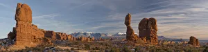 USA, Utah. Panoramic image of Balanced Rock at sunset, Arches National Park USA, Utah. Panoramic image of Balanced Rock at sunset, Arches National Park
