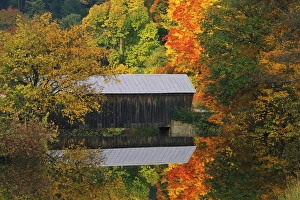 Images Dated 9th May 2009: USA, Vermont. Covered bridge and autumn reflections