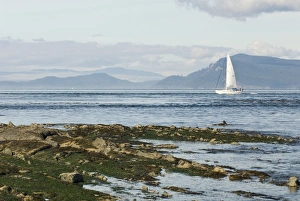 USA; WA; San Juan Islands; Sail boat underway in President Channel, Canada beyond USA; WA; San Juan Islands; Sail boat underway in President Channel, Canada beyond