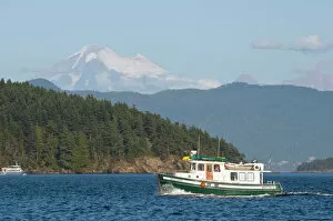 Images Dated 26th September 2009: USA, WA, San Juan Islands. Tug style motor cruiser makes way through Bellingham Channel
