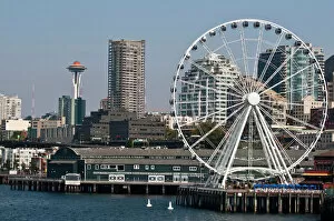 Images Dated 13th September 2012: USA, WA, Seattle. Dramatic downtown waterfront includes iconic Space Needle