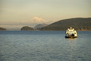 USA, Washington, San Juan Islands. A ferry and Mt. Baker USA, Washington, San Juan Islands. A ferry and Mt. Baker