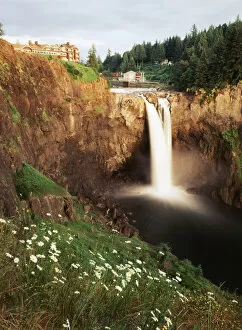 Images Dated 12th February 2013: USA, Washington State, Salish Lodge and English Daisies overlook the 270 foot faller