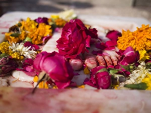 Variety of flowers for religious offering in temple in Udaipur, Rajasthan, India Variety of flowers for religious offering in temple in Udaipur, Rajasthan, India