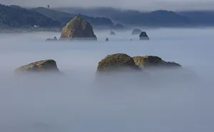 View of Cannon Beach with sea stacks with rising fog from Ecola State Park View of Cannon Beach with sea stacks with rising fog from Ecola State Park