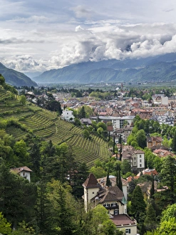 View over the city of Meran (Merano) and the Etsch Valley during spring. Europe View over the city of Meran (Merano) and the Etsch Valley during spring. Europe