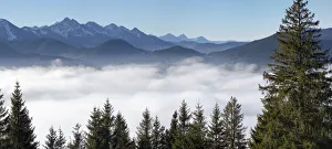 View from Mount Hoernle over a sea of fog hiding the valley of river Ammer towards View from Mount Hoernle over a sea of fog hiding the valley of river Ammer towards