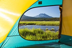 Images Dated 15th July 2006: View through Tent, South Sister (Elevation 10, 358 ft.) Sparks Lake, Three Sisters Wilderness
