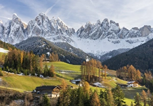 The village Sankt Magdalena in the Villnoess valley in the Dolomites during autumn The village Sankt Magdalena in the Villnoess valley in the Dolomites during autumn