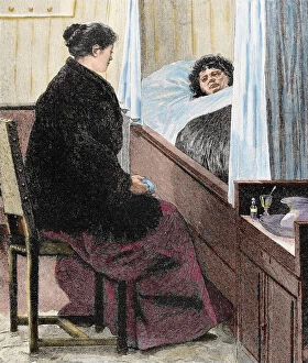 Mature Women Gallery: Visiting a sick woman. Colored engraving of The Artistic Illustration, 1892