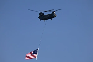 WA, Seattle, Boeing Chinook Helicopter with American Flag, at SEAFAIR WA, Seattle, Boeing Chinook Helicopter with American Flag, at SEAFAIR