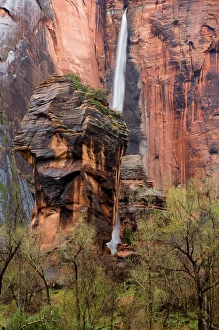 Waterfall thunders down near the Temple of Sinawava in Zion National Park in Utah Waterfall thunders down near the Temple of Sinawava in Zion National Park in Utah