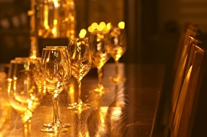 In a wine tasting room glasses lined up on a dark wooden table in golden light, Ulriksdal In a wine tasting room glasses lined up on a dark wooden table in golden light, Ulriksdal