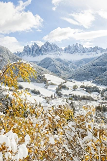 Winter snow, St. Magdalena village, Geisler Spitzen (3060m), Val di Funes, Dolomites mountains Winter snow, St. Magdalena village, Geisler Spitzen (3060m), Val di Funes, Dolomites mountains