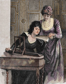 Women with a harpsichord. Colored engraving, 1895 Women with a harpsichord. Colored engraving, 1895