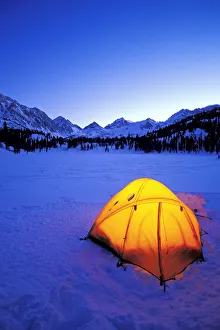 Yellow dome tent in winter, John Muir Wilderness, Sierra Nevada Mountains, California, USA Yellow dome tent in winter, John Muir Wilderness, Sierra Nevada Mountains, California, USA