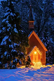 Nighttime Gallery: Yosemite chapel in winter, Yosemite National Park, California USA