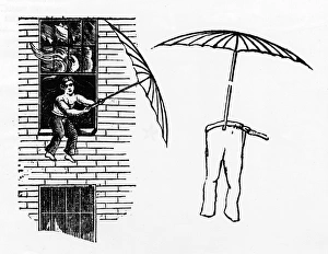 Engraving of man escaping fire via parachute Engraving of man escaping fire via parachute