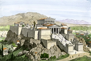<b class=qtipBold><figcaption>Acropolis of ancient Athens</figcaption></b><br>Acropolis of ancient Athens, crowned by the Parthenon and a statue of Athena. Hand-colored woodcut of a 19th-century illustration<br><em>© North Wind Picture Archives</em> Acropolis of ancient Athens
