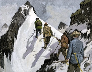<b class=qtipBold><figcaption>Alpine mountain-climbers, 1800s</figcaption></b><br>Mountaineers on a couloir in the Alps, circa 1890. Hand-colored woodcut of a 19th-century illustration<br><em>© North Wind Picture Archives</em> Alpine mountain-climbers, 1800s