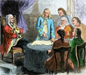 Prints of Colonists discussing the Connecticut charter wih King Charles II. Hand-colored woodcut of a 19th-century illustration Herefordshire Prints: King Charles II Granting the Connecticut Charter Print