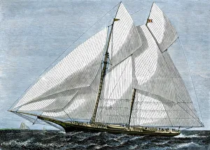 <b class=qtipBold><figcaption>American yacht "Mohawk"</figcaption></b><br>America's Cup contender "Mohawk" under full sail, 1870s. Hand-colored woodcut of a 19th-century illustration<br><em>© North Wind Picture Archives</em> American yacht 'Mohawk'