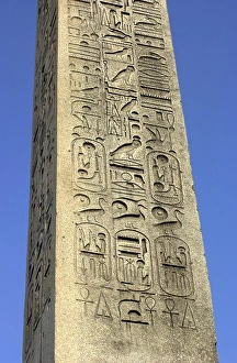 Ancient Egyptian hieroglyphics on an obelisk in Paris Ancient Egyptian hieroglyphics on an obelisk in Paris