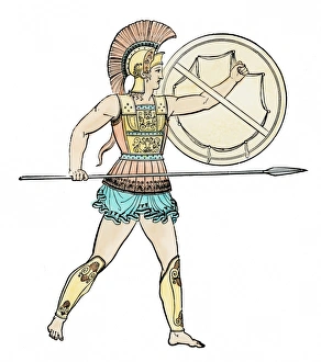 <b class=qtipBold><figcaption>Ancient Greek soldier</figcaption></b><br>Warrior of ancient Greece. Hand-colored 19th-century woodcut reproduction of an ancient vase paiinting<br><em>© North Wind Picture Archives</em> Ancient Greek soldier
