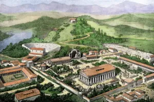 Prints of Olympia, site of the ancient Olympic Games. Hand-colored halftone reproduction of a 19th-century illustration Greece Prints: Ancient Olympia Print: A Hand-colored Halftone Reproduction