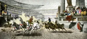 Muridae Prints: Hand-colored woodcut print of a Chariot race in the Circus Maximus