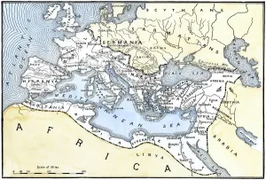 Prints of Map showing the extent of the Roman Empire. Hand-colored woodcut of a 19th-century illustration Italy Prints: Hand-colored Print of the Roman Empire Map