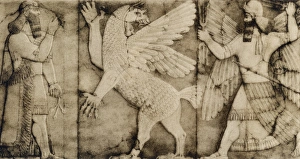 <b class=qtipBold><figcaption>Assyrian winged lion bas-relief</figcaption></b><br>Carving of a winged lion in battle at the entrance to an Assyrian temple. Photogravure reproduction of a 19th-century photograph<br><em>© North Wind Picture Archives</em> Assyrian winged lion bas-relief