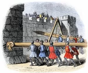Battering rams used in a medieval siege