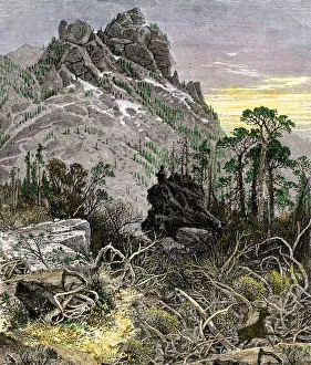 <b class=qtipBold><figcaption>Black Hills, South Dakota</figcaption></b><br>Black Hills with lingering snow, sacred area of the Sioux, South Dakota. Hand-colored woodcut of a 19th-century illustration<br><em>© North Wind Picture Archives</em> Black Hills, South Dakota