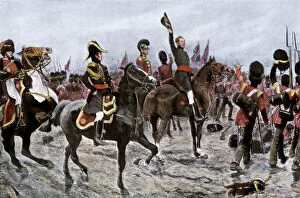 Britis h army advancing at the Battle of Waterloo, 1815