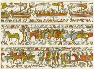 Prints of Norman invasion of England in 1066 A.D. Color lithograph reproduction of part of the Bayeux tapestry Related Prints: Norman Invasion Print - Bayeux Tapestry Scene