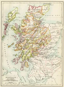 Prints of Map of Scotland in the 1520s, showing territories of the Highland Clans. Printed color lithograph of a 19th century illustration United Kingdom Prints: Print of 19th Century Highland Clans Map