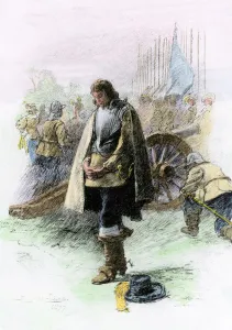 Prints of Cromwell in prayer before the Battle of Edgehill, English Civil War, 1642. Hand-colored woodcut reproduction of a 19th-century illustration Related Prints: Print of Oliver Cromwell at Edgehill