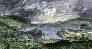 Prints of Ships in the harbor of Plymouth, England, Hand-colored woodcut of a 19th-century illustration Plymouth Prints: Hand-colored woodcut Print of Plymouth Seaport