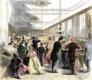 People sending wires at the American Telegraph Company office on Broadway at Liberty Street, New York City, 1860s.
Hand-colored woodcut of a 19th-century illustration Busy telegraph office in New York City, 1860s