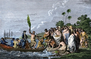 Captain Cook landing on a South Pacific island, 1770s Captain Cook landing on a South Pacific island, 1770s