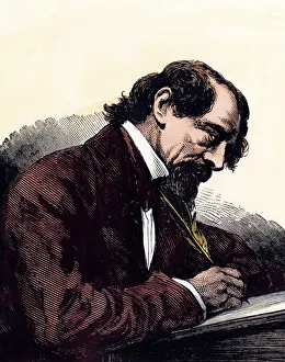 <b class=qtipBold><figcaption>Charles Dickens writing</figcaption></b><br>Charles Dickens at his writing desk. Hand-colored woodcut of a 19th-century illustration<br><em>© North Wind Picture Archives</em> Charles Dickens writing