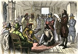 Colonist Collection: Chief Massasoit pledges friendship with Plymouth Pilgrims