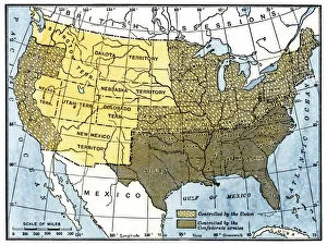 <b class=qtipBold><figcaption>Civil War territory map, 1861</figcaption></b><br>Map showing Confederate-held territory at the end of 1861. Hand-colored woodcut of a 19th-century illustration<br><em>© North Wind Picture Archives</em> Civil War territory map, 1861
