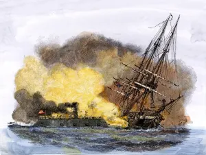 Prints of Merrimac, a Confederate ironclad ship, rams the USS Cumberland during the American Civil War, 1862. Hand-colored woodcut of a 19th century illustration Cumberland Prints: Merrimac Ironclad Print
